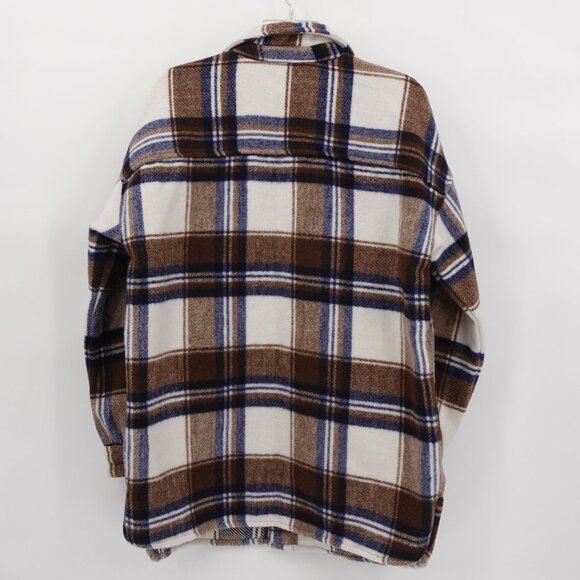 Oversized Plaid Shacket Brown Tan and Blue Medium - Picture 3 of 11